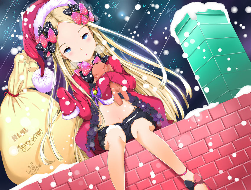 abigail_williams_(fate/grand_order) adapted_costume ankle_lace-up bell black_bow black_shorts blonde_hair blue_eyes blush bow brick_wall bug butterfly chimney commentary cross-laced_footwear dated diagonal_stripes dress falling_star fate/grand_order fate_(series) forehead fur-trimmed_hat fur-trimmed_sleeves fur_trim hair_bow hat highres insect jingle_bell lace-trimmed_shorts lace_trim long_hair long_sleeves looking_at_viewer merry_christmas navel nololinolife object_hug open_fly panty_straps parted_lips pink_bow pink_footwear polka_dot polka_dot_bow purple_bow purple_dress purple_hat sack santa_hat short_shorts shorts signature sitting sleeves_past_wrists snow snowing solo striped stuffed_animal stuffed_toy teddy_bear very_long_hair