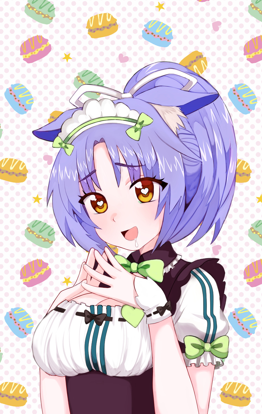 :d absurdres animal_ears bad_id bad_pixiv_id bow bowtie breasts brown_eyes cat_ears cinnamon_(sayori) commentary drooling eyebrows_visible_through_hair eyes_visible_through_hair green_neckwear heart heart-shaped_pupils highres kumaartsu large_breasts looking_at_viewer macaron_background maid maid_headdress nekopara open_mouth polka_dot polka_dot_background ponytail puffy_short_sleeves puffy_sleeves purple_hair saliva short_hair short_sleeves smile solo star steepled_fingers symbol-shaped_pupils wrist_cuffs yellow_eyes