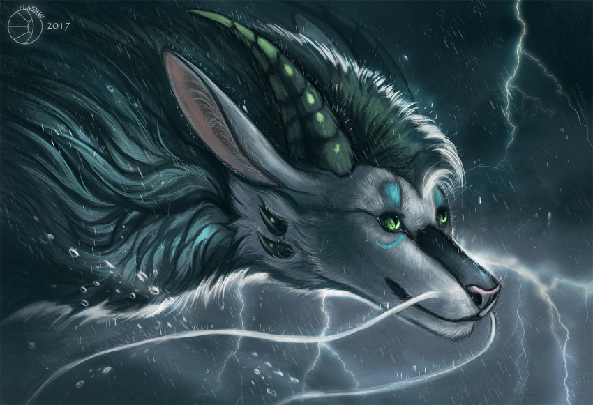 2017 ambiguous_gender black_fur black_lips black_mane black_markings bust_portrait cyan_markings detailed detailed_background detailed_fur digital_media_(artwork) dragon ears_back eastern_dragon feral flashw fluffy flying fur green_eyes horn inner_ear_fluff lightning long_ears long_mouth long_neck looking_up mammal mane markings no_sclera outside pink_nose portrait raining ridged_horn side_view slit_pupils smile snout solo spikes storm water_drop whiskers wind