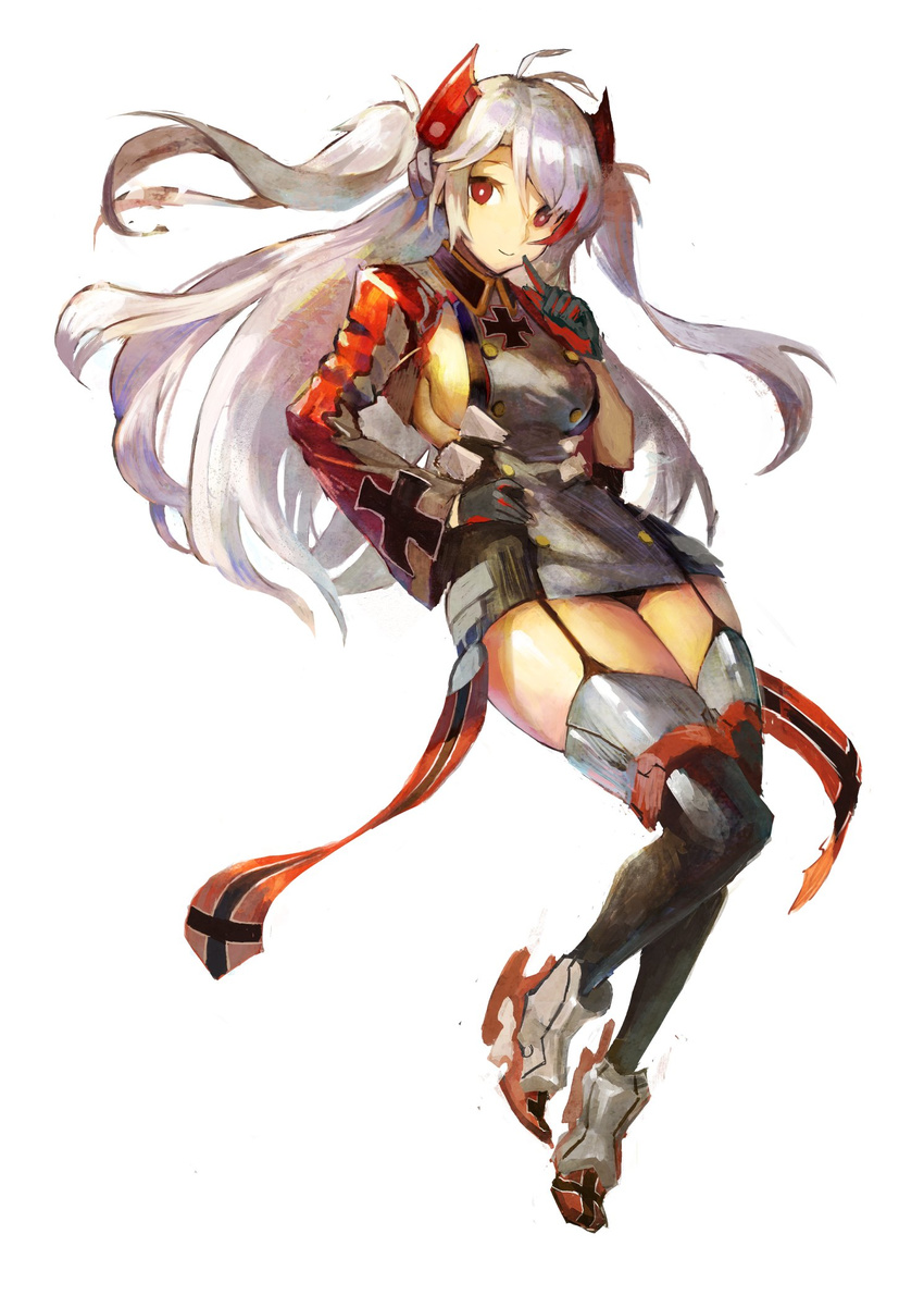 azur_lane bangs black_gloves black_legwear black_panties breasts bright_pupils buttons closed_mouth dress finger_to_face floating_hair full_body garter_straps gloves hair_between_eyes hair_ornament highres iron_cross long_hair long_sleeves medium_breasts military military_uniform multicolored_hair no_bra ogimotozukin over-kneehighs panties pantyshot prinz_eugen_(azur_lane) red_eyes red_hair shoes short_dress sideboob silver_hair simple_background smile solo streaked_hair swept_bangs taut_clothes taut_dress thighhighs two-tone_hair two_side_up underwear uniform white_background white_pupils wide_sleeves zettai_ryouiki
