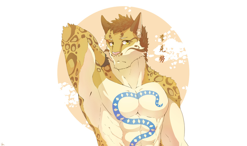 abstract_background absurd_res chinese clouded_leopard feline hi_res likulau male mammal muscular muscular_male nekojishi simple_background tattoo unknown_artist waist_up yellow_eyes yu_渝