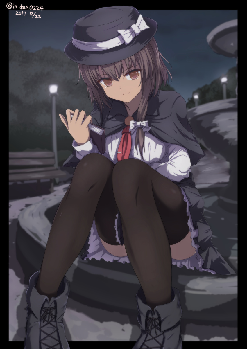 absurdres artist_name bad_id bad_pixiv_id bench black_border black_capelet black_footwear book boots border bow brown_eyes brown_hair capelet dated fedora fountain furiruno hair_bow hat hat_bow highres holding holding_book long_sleeves looking_at_viewer necktie night night_sky red_neckwear shirt short_hair sitting sky smile solo thighhighs touhou tree twitter_username usami_renko white_bow white_shirt