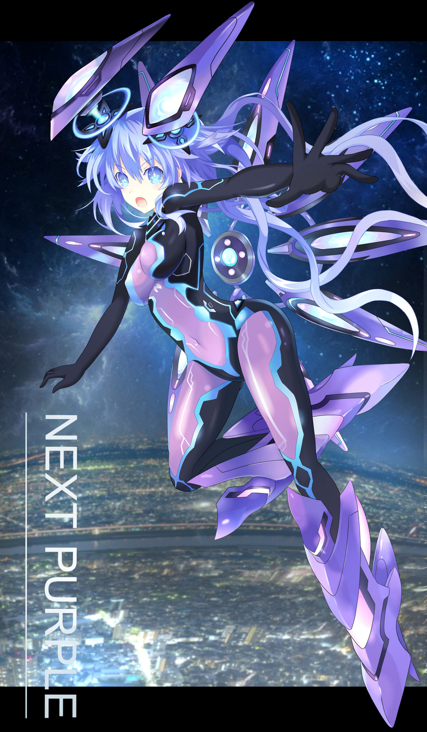 absurdres armor armored_boots bodysuit boots breasts commentary_request covered_navel floating full_body headgear highres long_hair looking_at_viewer medium_breasts multiple_wings neptune_(series) next_purple night night_sky open_mouth power_symbol purple_hair purple_heart ramu-on@_shinon shin_jigen_game_neptune_vii skin_tight sky solo star_(sky) starry_sky symbol-shaped_pupils very_long_hair wings