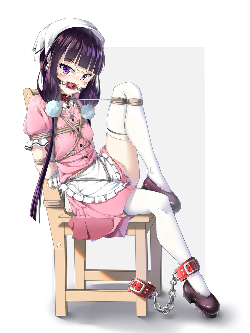 absurdres angry apron arms_behind_back bangs bdsm black_footwear blend_s blunt_bangs blush bondage bound bound_ankles bound_arms bound_legs chain chair dripping drooling from_side full_body gala_king hair_bobbles hair_ornament highres long_hair looking_at_viewer looking_to_the_side low_twintails on_chair pink_shirt pink_skirt puffy_short_sleeves puffy_sleeves purple_eyes purple_hair sakuranomiya_maika saliva shibari shibari_over_clothes shirt shoes short_sleeves sitting skirt solo stile_uniform thighhighs tsurime twintails v-shaped_eyebrows very_long_hair waist_apron waitress wet wet_clothes wet_shirt white_apron white_legwear