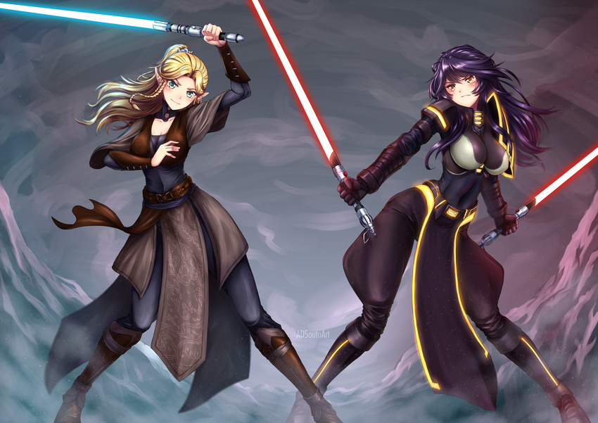 adsouto blonde_hair boobplate borrowed_character breastplate breasts commentary commission covered_navel dual_wielding energy_sword green_eyes highres holding impossible_clothes impossible_shirt jedi large_breasts lightsaber long_hair multiple_girls original pelvic_curtain pointy_ears ponytail purple_hair shirt sith star_wars sword weapon