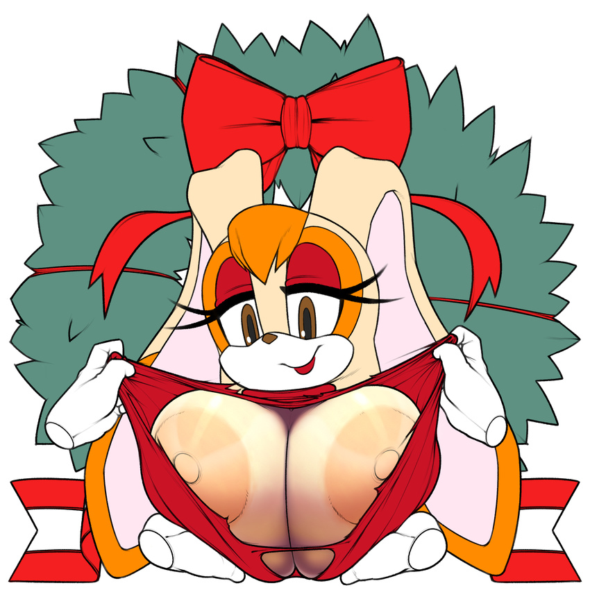 2017 absurd_res anthro areola big_breasts breasts bust_(disambiguation) christmas clothed clothing disembodied_hand eyelashes female hi_res holidays huge_breasts lagomorph looking_at_viewer makeup mammal marthedog nipples open_mouth plant rabbit ribbons smile solo sonic_(series) teeth vanilla_the_rabbit video_games wreath