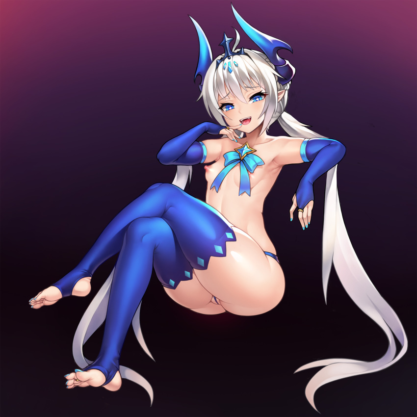 +_+ 1girl :d absurdres ahoge armpits ass bangs barefoot blue_eyes blue_legwear blue_nails blue_ribbon breasts bridal_gauntlets collarbone demon_horns elsword feet finger_to_mouth fingernails full_body gradient gradient_background grimgrim highres horns invisible_chair legs_crossed long_hair long_toenails looking_at_viewer low_twintails luciela_r._sourcream nail_polish nipples noblesse_(elsword) open_mouth partially_visible_vulva pointy_ears purple_background raised_eyebrows revision ribbon shiny shiny_skin silver_hair sitting small_breasts smile soles solo stirrup_legwear thick_thighs thighhighs thighs tiara toeless_legwear toenail_polish toenails tongue topless tsurime twintails