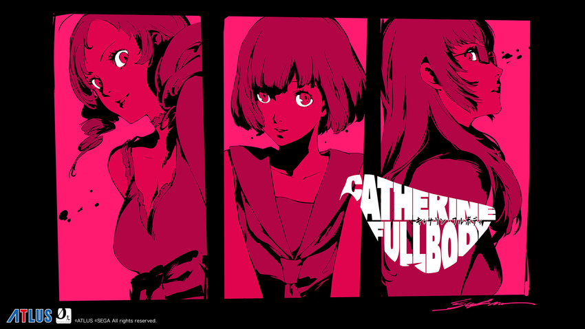 androgynous atlus black_border border catherine catherine:_full_body catherine_(game) column_lineup company_name copyright_name glasses highres katherine_mcbride logo looking_at_viewer monochrome multiple_girls official_art rin_(catherine) short_hair soejima_shigenori