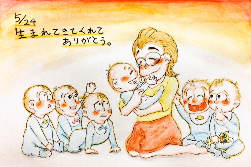 colored_pencil_(medium) highres marine_umi_7 matsuno_matsuyo mother_and_son osomatsu-san sextuplet_(osomatsu-kun) sextuplets traditional_media watercolor_(medium)