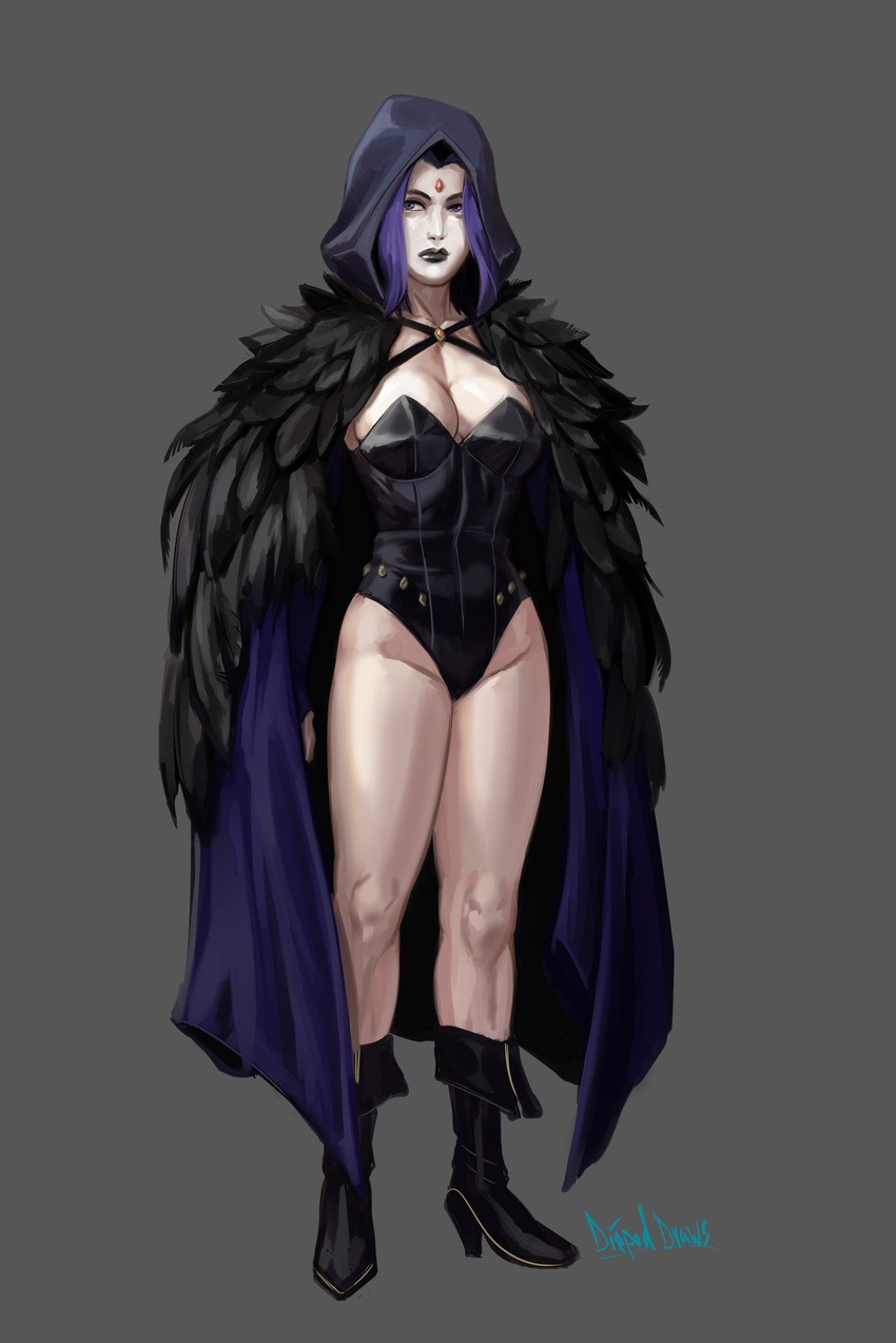 1girl black_lips breasts cleavage dc_comics diepod grey_skin high_heel_boots hood legs purple_hair raven_(dc) teen_titans