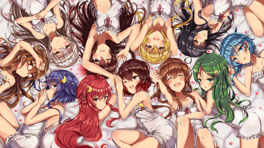 alternate_costume black_hair blonde_hair blue_eyes blue_hair blush brown_eyes brown_hair camisole closed_eyes commentary_request crescent crescent_hair_ornament from_behind fumizuki_(kantai_collection) glasses green_eyes green_hair hair_ornament highres kantai_collection kikuzuki_(kantai_collection) kisaragi_(kantai_collection) long_hair looking_at_viewer lying mikazuki_(kantai_collection) minazuki_(kantai_collection) mochizuki_(kantai_collection) multiple_girls mutsuki_(kantai_collection) nagatsuki_(kantai_collection) natsu_narumi on_back on_side open_clothes petals purple_hair red-framed_eyewear red_eyes red_hair satsuki_(kantai_collection) short_hair silver_hair uzuki_(kantai_collection) yayoi_(kantai_collection) yellow_eyes