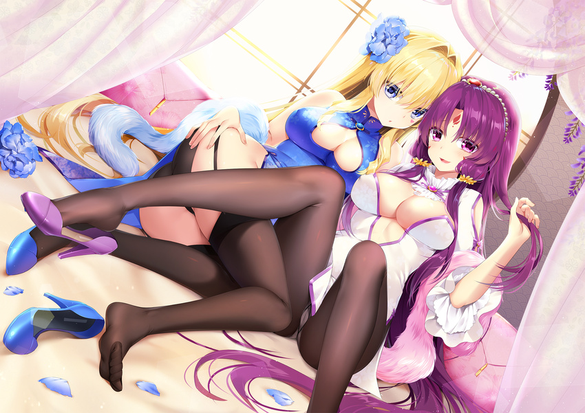 ass black_panties blonde_hair blue_eyes breasts brown_hair china_dress chinese_clothes cleavage_cutout commentary curtains delores_(mvv) dress dutch_angle eleanor_(mvv) facial_mark feather_boa flower forehead_mark garter_straps gusset hair_flower hair_ornament hand_on_own_ass heart heart-shaped_pupils high_heels highres large_breasts long_hair looking_at_viewer multiple_girls mvv no_shoes original panties panties_under_pantyhose pantyhose parted_lips petals purple_eyes purple_hair shoe_dangle shoe_removed shoes single_shoe sitting smile symbol-shaped_pupils thighhighs underwear very_long_hair