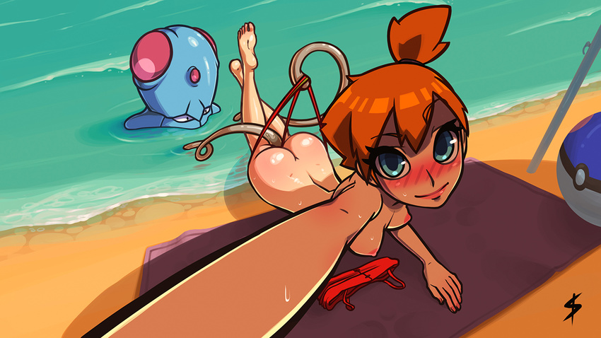 1girl ass barefoot beach bikini bikini_top bikini_top_removed blue_eyes breasts feet kasumi_(pokemon) looking_at_viewer lying nipples on_stomach orange_hair outstretched_arm pokemon pokemon_(anime) pokemon_(creature) red_bikini self_shot sismicious tentacle tentacool vaginal wedgie