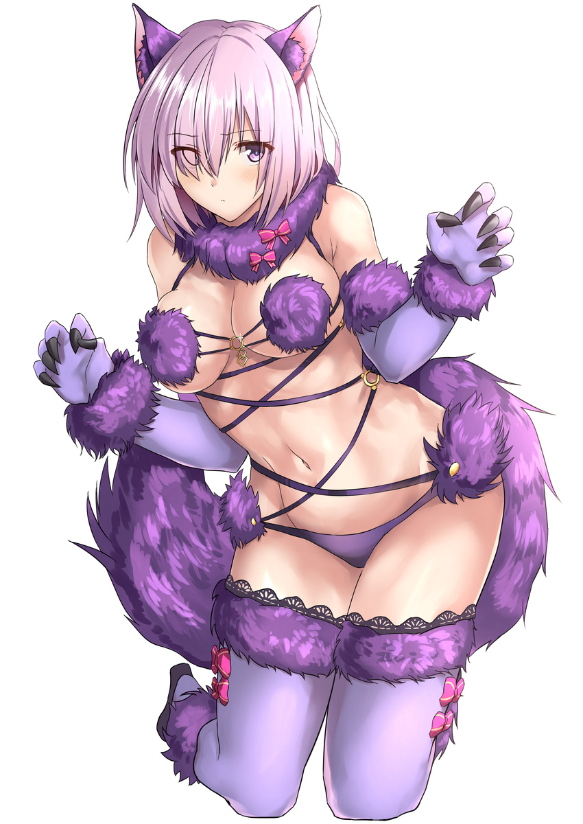 absurdres animal_ears bangs blush breasts closed_mouth commentary_request dangerous_beast elbow_gloves eyes_visible_through_hair fate/grand_order fate_(series) full_body fur_collar fur_trim gloves hair_over_one_eye hands_up highres kneeling looking_at_viewer mash_kyrielight medium_breasts navel o-ring o-ring_top purple_eyes purple_gloves purple_hair purple_legwear revealing_clothes short_hair simple_background solo tai_(nazutai) tail thighhighs thighs tsurime white_background wolf_ears wolf_tail