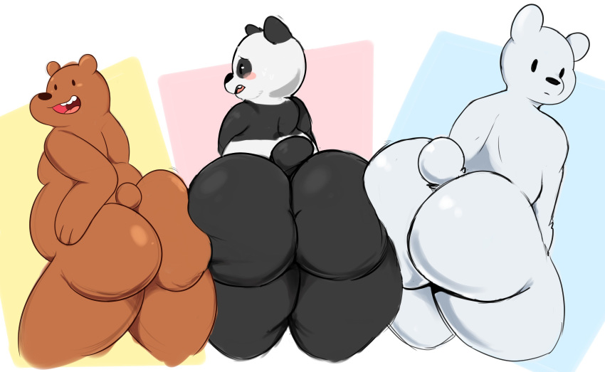 2018 anthro aronhilistix blush brown_bear butt cartoon_network collaboration digital_media_(artwork) grizzly_(wbb) grizzly_bear hi_res ice_bear looking_at_viewer male mammal open_mouth panda panda_(wbb) polar_bear reborn_(artist) rebornuhm simple_background ursine we_bare_bears zackdadawg