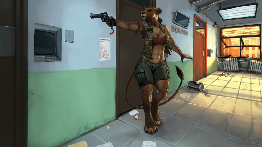 2017 abs alekksandar anthro athletic belt better_version_at_source breasts camo cleavage clothed clothing detailed_background door feline female gun hallway handgun lion mammal navel ranged_weapon revolver shorts solo vest weapon window