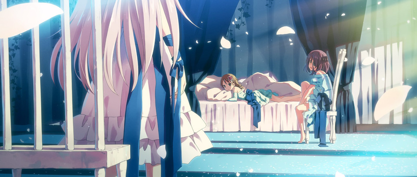 bare_legs barefoot bed chair commentary curtains dress drill_hair eyepatch from_behind grey_hair hayasaka_mirei highres hoshi_shouko idolmaster idolmaster_cinderella_girls individuals knee_up light_brown_hair long_hair lying medium_hair morikubo_nono multiple_girls on_bed on_stomach out_of_frame petals plant purple_hair ribbon sitting standing sunlight very_long_hair vines yuuki_tatsuya