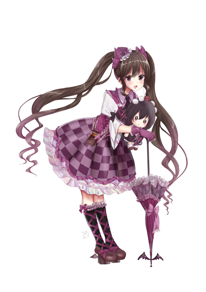 :d absurdres black_legwear bow brown_footwear brown_hair character_doll checkered checkered_skirt commentary_request doll frills gloves hair_bow highres himekaidou_hatate holding holding_doll kneehighs leaning_forward looking_at_viewer necktie open_mouth petticoat puffy_short_sleeves puffy_sleeves purple_bow purple_eyes purple_gloves purple_skirt sei_ichi_(shiratamamikan) shameimaru_aya shirt shoes short_sleeves simple_background skirt smile solo touhou twintails umbrella white_background white_shirt