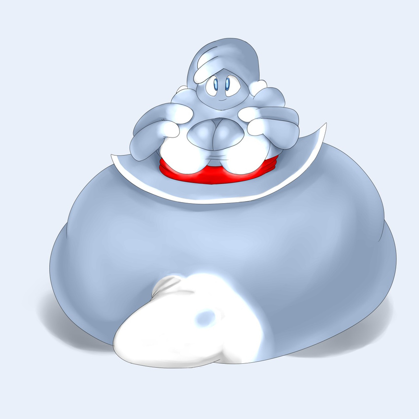 belly better_version_at_source big_belly big_breasts blue_clothing blue_dress blue_eyes blue_skin bow breasts clothed clothing cute dress female ghost hair huge_breasts obese overweight quasi quasi-ghost smile solo spirit sweer-tomato tentacles