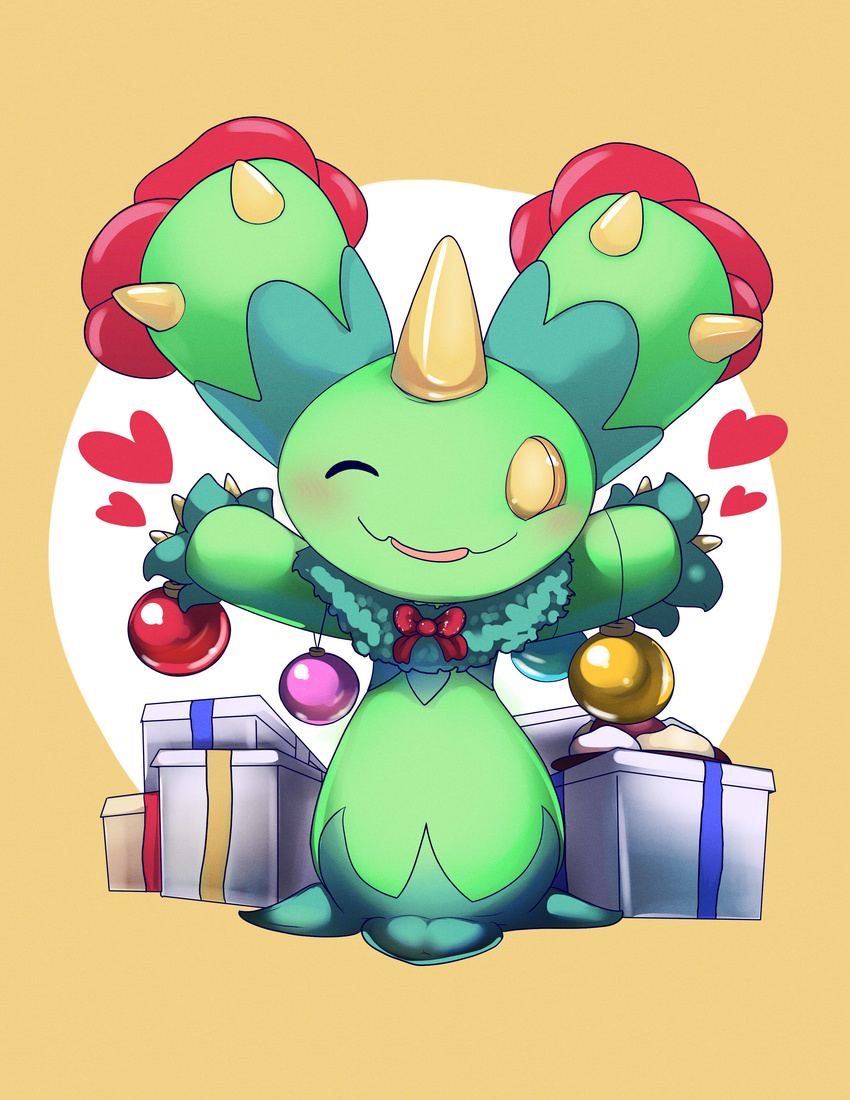 &lt;3 absurd_res ambiguous_gender blush bow cactus christmas christmas_bauble christmas_present christmas_wreath flora_fauna gift green_skin hi_res holidays maehdoggie maractus nintendo one_eye_closed plant pok&eacute;mon pok&eacute;mon_(species) simple_background smile solo spread_arms thorns video_games wink yellow_background yellow_eyes