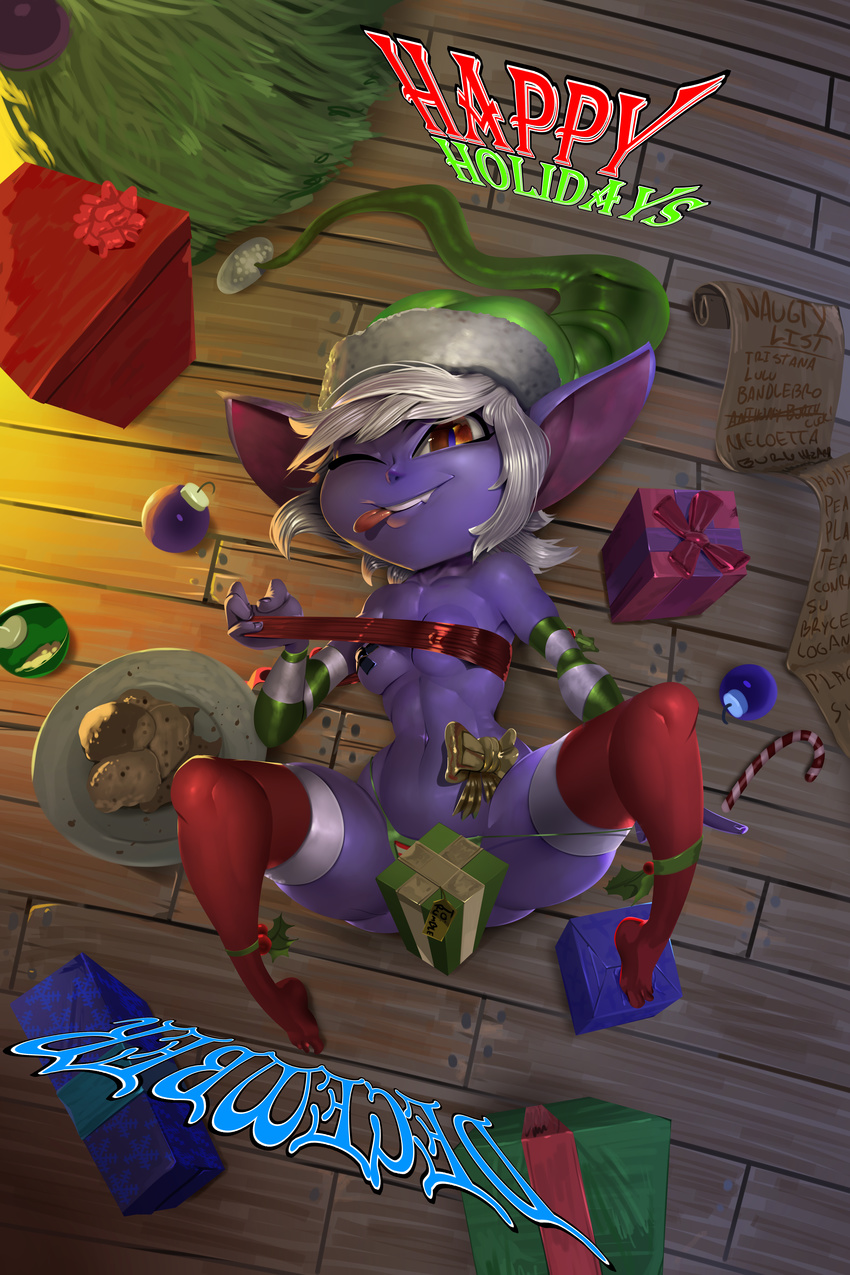 2017 absurd_res armwear big_ears bow breasts candy candy_cane christmas clothing cookie cute elbow_gloves english_text female floor food gift gloves hair hat hi_res holidays holly_(plant) inside laying_on_floor league_of_legends legwear list looking_at_viewer lying mammal mostly_nude navel nipple_tape on_back one_eye_closed ornament panties paper pasties pine_tree plant plate purple_skin ribbons riot_games santa_hat short_hair smile solo spread_legs spreading stockings stripes suggestive tape teeth text theboogie thigh_highs tongue tongue_out tree tristana_(lol) underwear video_games white_hair yordle