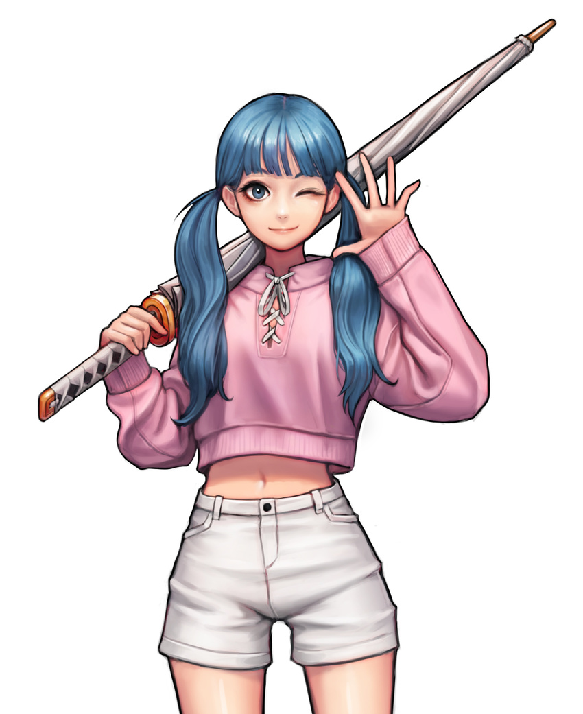 ;) bangs blue_eyes blue_hair blunt_bangs closed_mouth concealed_sword cowboy_shot highres holding holding_umbrella jungon_kim legs_apart lips long_sleeves navel one_eye_closed original over_shoulder pink_sweater shorts simple_background smile solo spread_fingers standing sweater sword twintails umbrella waving weapon white_background white_shorts