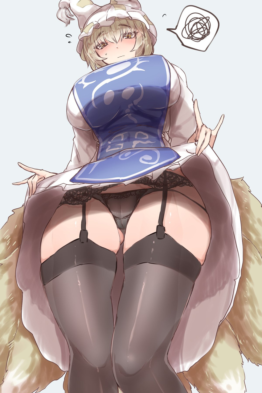 ass_visible_through_thighs black_legwear black_panties blonde_hair breasts cameltoe commentary_request dress dress_lift fox_shadow_puppet from_below garter_belt hat highres kaizu_(kaizukurodai) large_breasts lifted_by_self looking_at_viewer ofuda panties pillow_hat simple_background solo spoken_squiggle squiggle standing tabard thighhighs touhou underwear white_dress white_hat yakumo_ran yellow_eyes