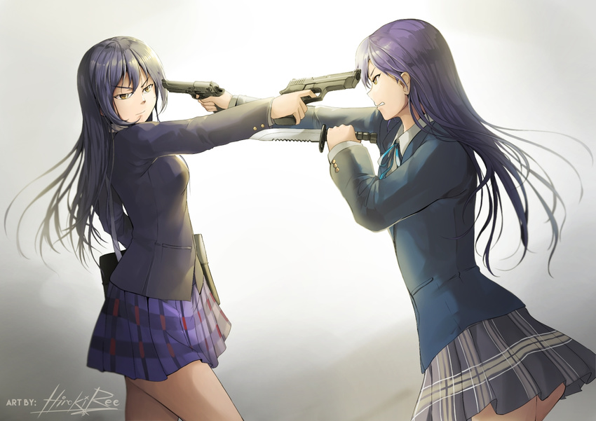 bag bangs beretta_92 blue_hair commentary_request crossover duel gun hair_between_eyes handgun hiroki_ree holding holding_gun holding_knife holding_weapon idolmaster kisaragi_chihaya knife long_hair long_sleeves look-alike looking_at_another love_live! love_live!_school_idol_project mexican_standoff multiple_girls otonokizaka_school_uniform pistol plaid plaid_skirt pleated_skirt school_bag school_uniform sig_sauer sig_sauer_p226 simple_background skirt sonoda_umi weapon yellow_eyes