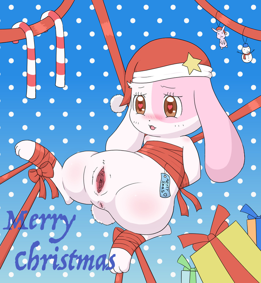 1girl artist_request brown_eyes chima christmas_hat furry happy_happy_clover pussy solo uncensored