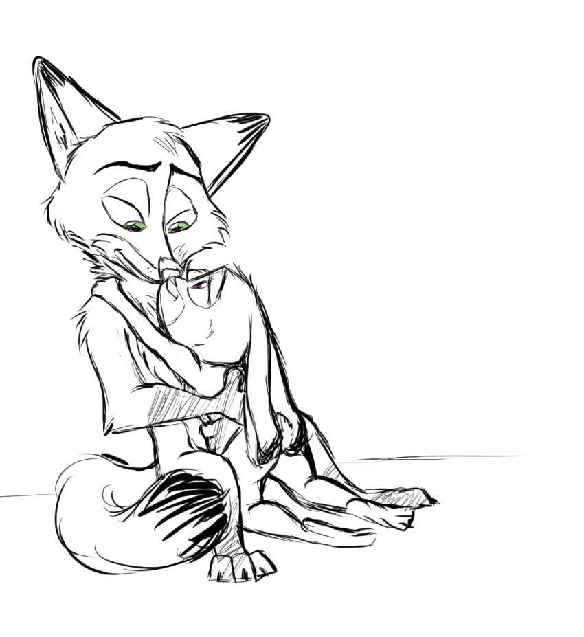 black_and_white canine disney duo female fox gokhan16 hug judy_hopps lagomorph male mammal monochrome nick_wilde nude rabbit simple_background white_background zootopia