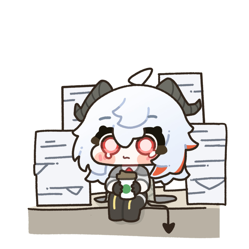 1girl absurdres black_horns black_pants black_tail chibi chibi_only commentary cup curled_horns demon_tail disposable_coffee_cup disposable_cup highres holding holding_cup horns kiwichip long_hair looking_at_viewer multicolored_hair pants paper_stack red_eyes solo streaked_hair symbol-only_commentary tail tearing_up white_background wuthering_waves zani_(wuthering_waves)