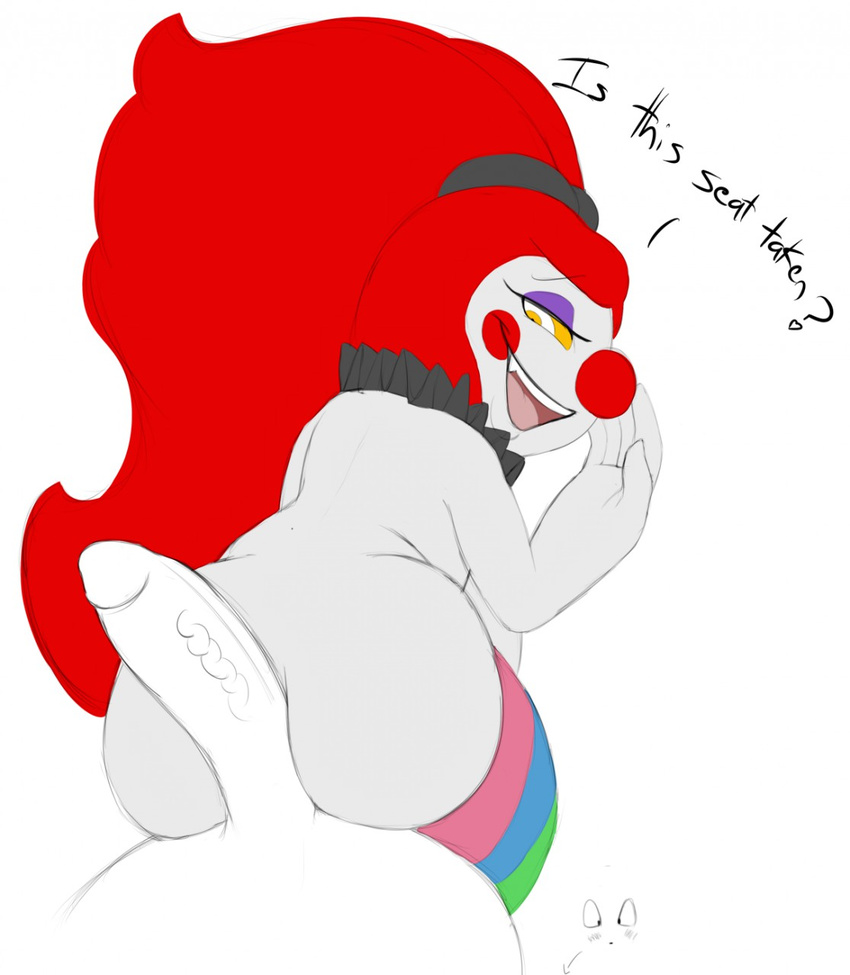 2017 big_butt blush butt clothed clothing clown digital_media_(artwork) dot_(mcnasty) eyeshadow female female_focus hair hot_dogging huge_butt leggings legwear long_hair looking_back makeup male male/female mcnasty not_furry open_mouth penis red_hair red_nose short_stack simple_background smile solo_focus stockings teeth thick_thighs thigh_highs tongue wide_hips yellow_eyes