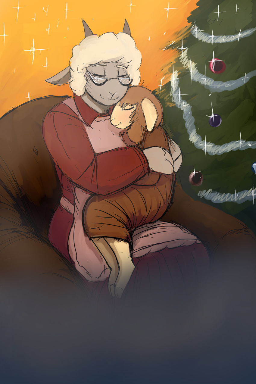 anthro apron brown_hair caprine chair christmas clothing cute eyes_closed eyewear female glasses granddaughter grandmother hair happy hladilnik holidays horn hug mammal sheep smile the_little_match_girl wool