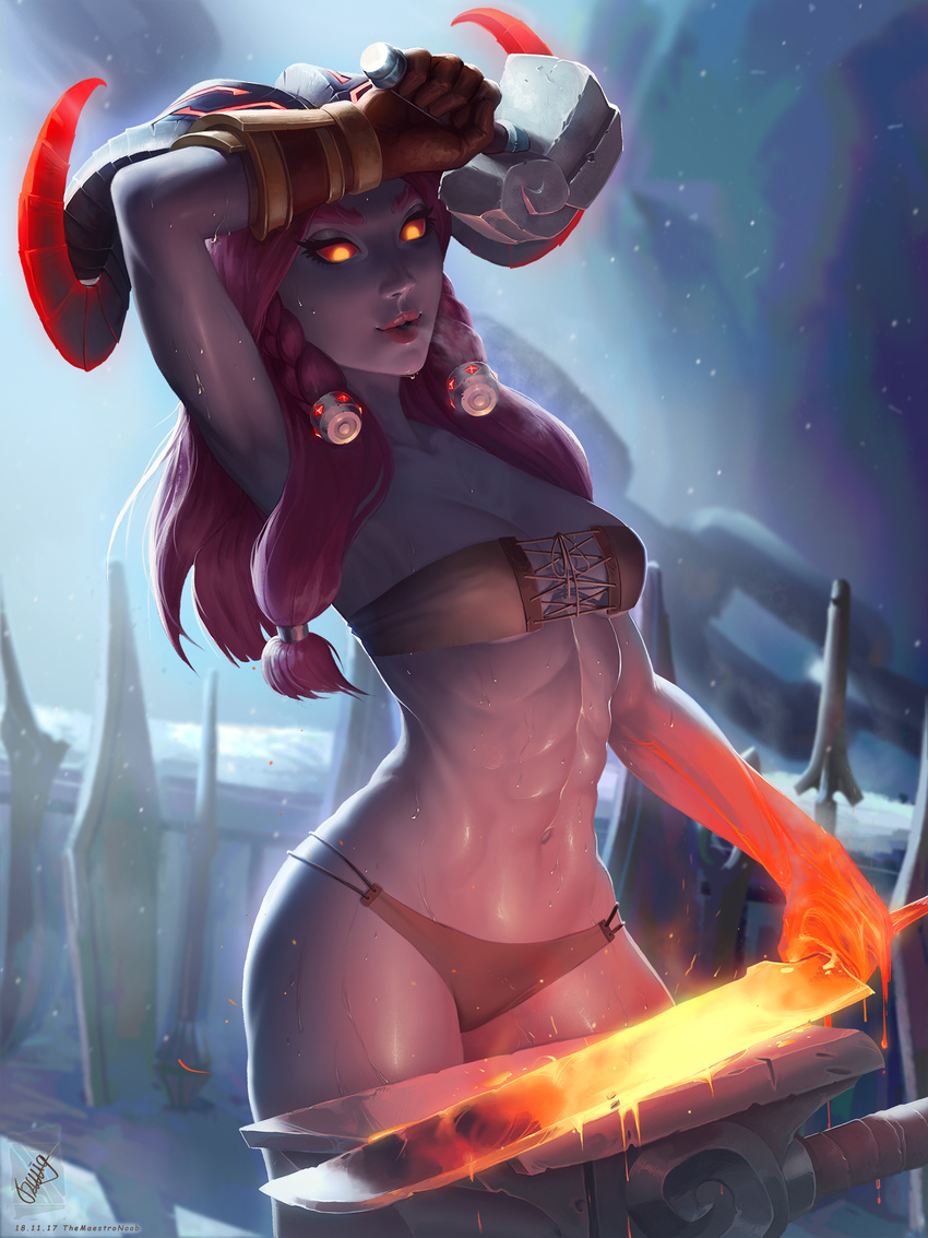 2017 5_fingers abs anvil armwear blacksmith bra breasts caprine chain cleavage clothed clothing crossgender detailed_background erection female fingers front_view gloves hair hammer hi_res holding_object holding_weapon horn humanoid lava league_of_legends long_hair looking_down mace mammal melee_weapon molten_weapon navel ornn panties partially_clothed portrait purple_hair purple_skin red_sclera riot_games solo standing sweat sweatdrop sword themaestronoob_(artist) three-quarter_portrait tools underwear video_games weapon yellow_eyes
