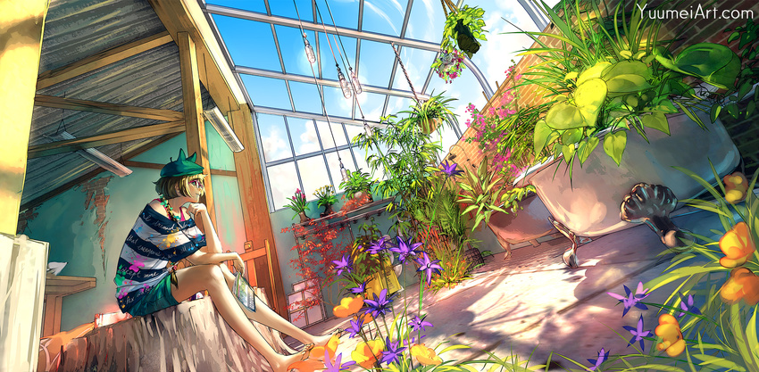 barefoot bathtub beret blue_eyes blue_sky brown_hair claw_foot_bathtub cloud cocoa_(fisheye_placebo) commentary day fisheye_placebo flower greenhouse hat hat_with_ears highres plant profile short_hair sitting sky solo watermark web_address wenqing_yan