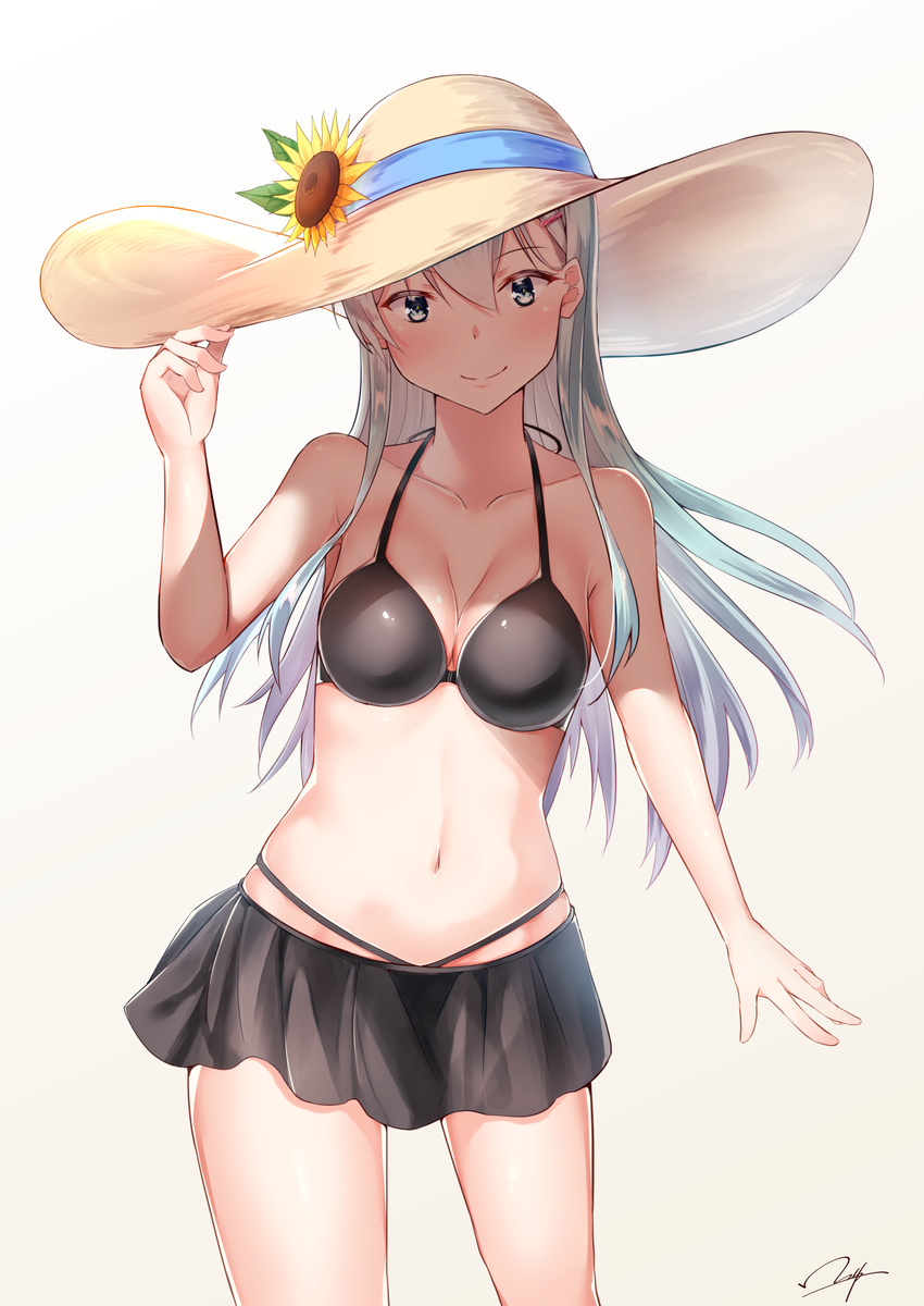 aqua_eyes aqua_hair arm_at_side bare_arms bare_legs bikini bikini_top black_bikini black_skirt black_swimsuit blush breasts cleavage collarbone commentary_request flower hair_ornament hairclip hand_on_headwear hat highres kantai_collection large_breasts long_hair looking_at_viewer miniskirt navel open_mouth shaded_face signature simple_background skirt smile solo standing stomach string_bikini string_tie sun_hat sunflower suzuya_(kantai_collection) swimsuit yukai_nao