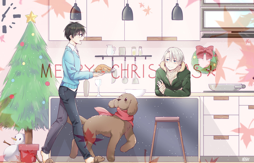 big_cat_shan black_hair blue-framed_eyewear blue_eyes bowl brown_eyes chicken_(food) christmas christmas_tree christmas_wreath coat denim dog food frying_pan glasses highres hood jeans katsuki_yuuri kitchen makkachin male_focus merry_christmas multiple_boys open_mouth pants plate silver_hair slippers smile star stool viktor_nikiforov walking yuri!!!_on_ice