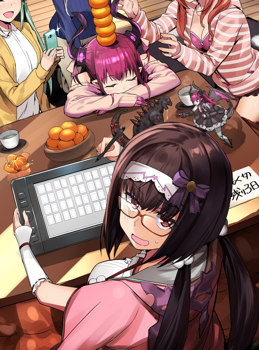 absurdres akechi_shizuku alternate_costume breasts brown_eyes brown_hair cellphone cleavage commentary_request demon_pillar_(fate/grand_order) dragon_girl dragon_horns elizabeth_bathory_(fate) elizabeth_bathory_(fate)_(all) fate/grand_order fate_(series) food fruit glasses godzilla godzilla_(series) green_hair highres horns kiyohime_(fate/grand_order) kotatsu long_hair long_sleeves looking_at_viewer looking_back mandarin_orange mecha_eli-chan medium_breasts multiple_girls open_mouth osakabe-hime_(fate/grand_order) phone pink_hair pointy_ears sitting sleeping smartphone stacking stylus sweater table tablet tamamo_(fate)_(all) tamamo_no_mae_(fate) twintails