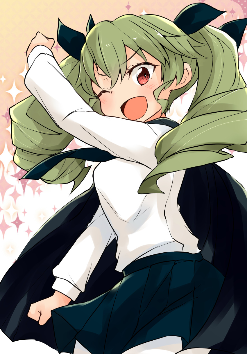 1girl :d ;d absurdres anchovy anzio_school_uniform arm_up bangs barashiya black_cape black_neckwear black_ribbon black_skirt cape clenched_hands commentary_request dancing dress_shirt drill_hair eyebrows_visible_through_hair girls_und_panzer green_hair hair_ribbon highres light_blush long_hair long_sleeves looking_at_viewer miniskirt necktie one_eye_closed open_mouth pantyhose pleated_skirt pose red_eyes ribbon school_uniform shirt skirt smile solo sparkle standing the_monkey twin_drills twintails v-shaped_eyebrows white_legwear white_shirt