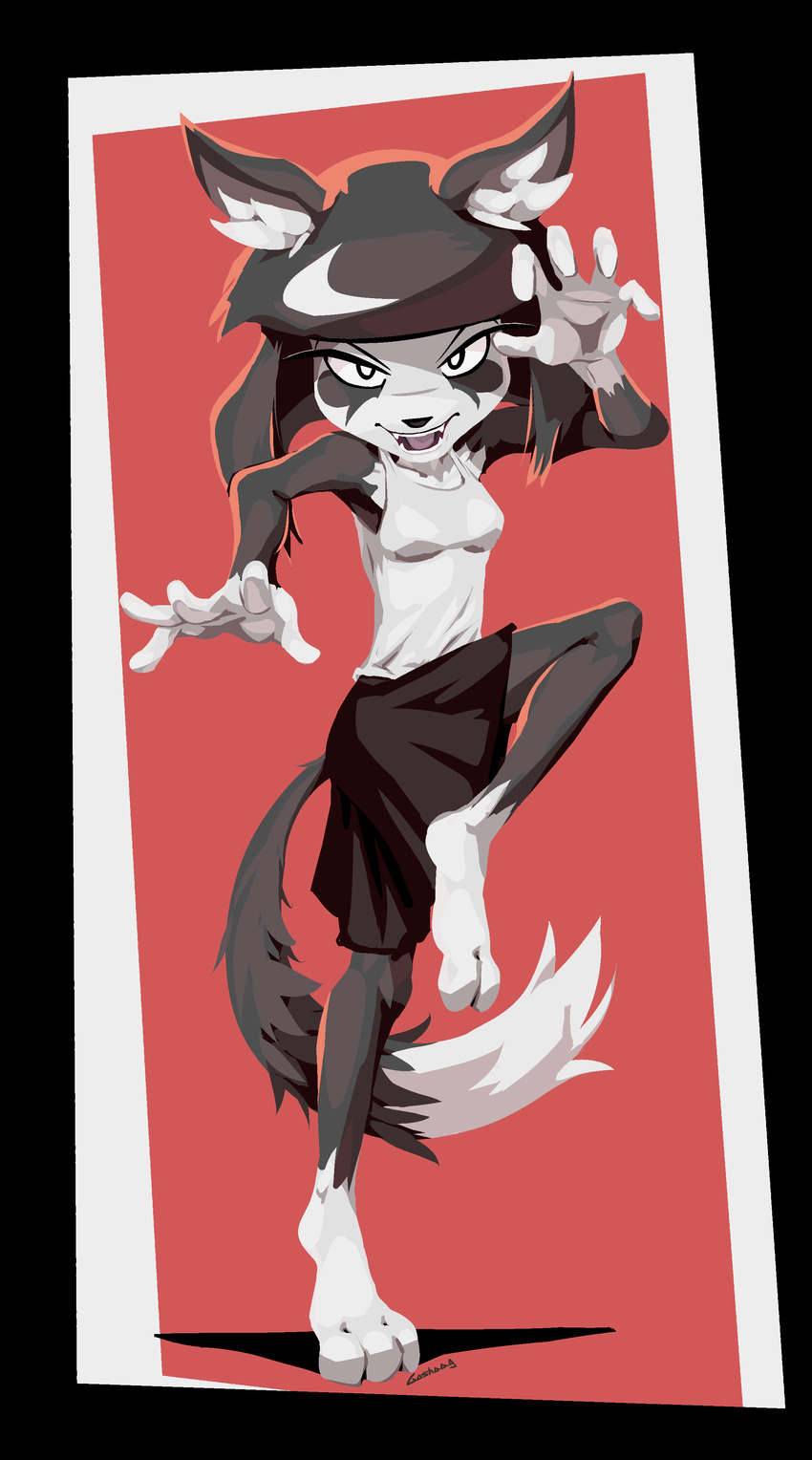 2017 action_pose anthro black_fur black_hair breasts canine clothed clothing female fox fur goshaag hair mammal nastypoke_(character) open_mouth pose shirt skirt solo tank_top