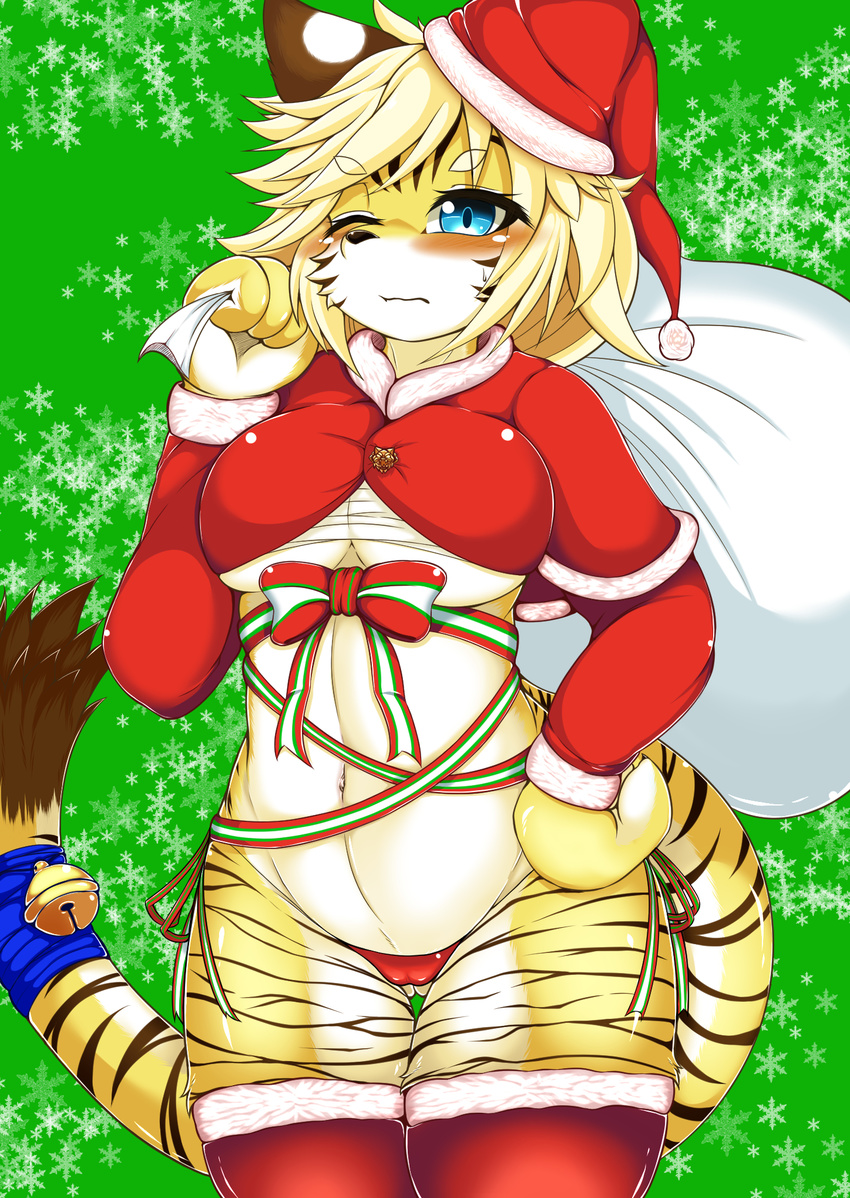 1girl artist_request blonde_hair blue_eyes character_rquest christmas christmas_hat fullbokko_heroes furry open_mouth short_hair solo tiger