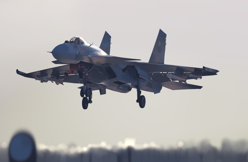 airplane ambiguous_gender blurry blurry_background blurry_foreground commentary day depth_of_field fighter_jet flying grey_background grey_sky highres jet litra_(ltr0312) military military_vehicle original outdoors scenery simple_background sky solo su-32 taking_off