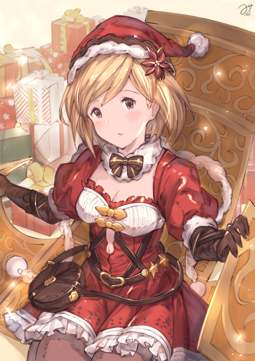 bag blonde_hair djeeta_(granblue_fantasy) fur_trim gloves granblue_fantasy handbag hat highres milli_little santa_costume santa_hat short_hair sitting