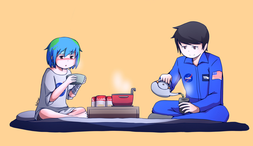 america bandage bed black_hair blue_hair brown_eyes campbells earth earth-chan_(felipecunhaeloi) fever giruma_(gylmyr) green_hair loli nasa original oversized_shirt simple_background soup teapot uniform