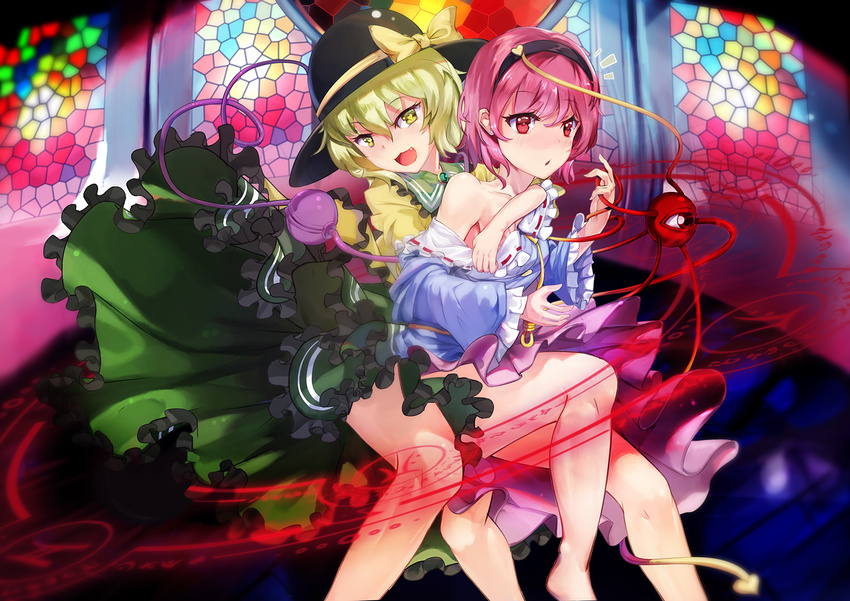 :d bare_legs black_hat blouse blue_blouse blush breast_grab dress_pull fang grabbing green_eyes green_hair green_skirt hairband hand_under_clothes hat hat_ribbon heart heart-shaped_pupils hug hug_from_behind incest indoors komeiji_koishi komeiji_satori long_sleeves magic_circle mosaic multiple_girls off_shoulder open_mouth pink_eyes pink_hair pink_skirt ribbon ribbon-trimmed_collar ribbon-trimmed_sleeves ribbon_trim short_hair skirt smile surprised symbol-shaped_pupils third_eye touhou wide_sleeves xiao_feng yellow_ribbon yuri