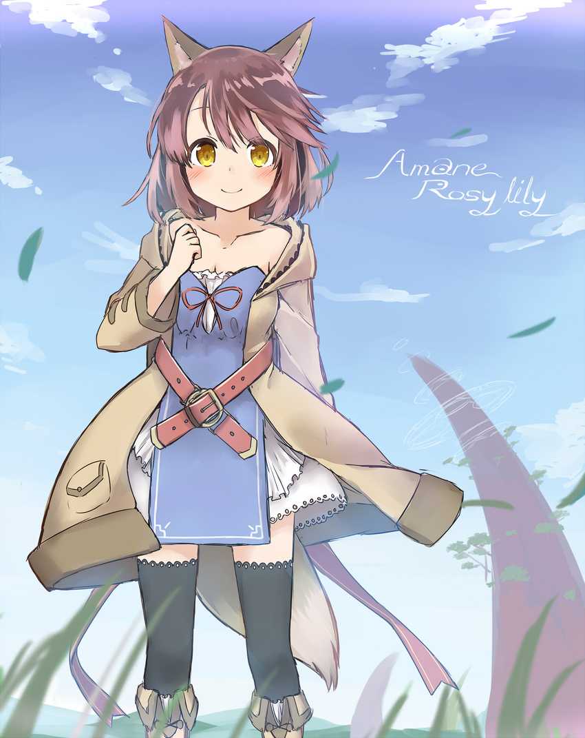 amane_rosylily animal_ears bangs belt belt_buckle black_legwear blue_sky blush boots brown_belt brown_coat brown_footwear brown_hair buckle closed_mouth cloud coat collarbone commentary_request crossed_belts day dress eyebrows_visible_through_hair fantasy fox_ears fox_girl fox_tail hair_between_eyes hand_up highres hood hood_down hooded_coat knee_boots long_sleeves looking_at_viewer original outdoors pocket sekira_ame sky smile solo tail thighhighs white_dress wind yellow_eyes