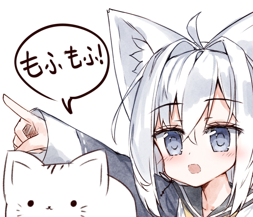 ahoge animal animal_ear_fluff animal_ears bangs black_sailor_collar blue_eyes blue_jacket blush cat eyebrows_visible_through_hair fox_ears hair_between_eyes hair_intakes highres jacket long_hair long_sleeves open_mouth original outstretched_arm ping_myu_ring_(tandohark) pointing ribbon-trimmed_sleeves ribbon_trim sailor_collar shirt silver_hair simple_background sleeves_past_wrists solo tandohark translated white_background white_shirt