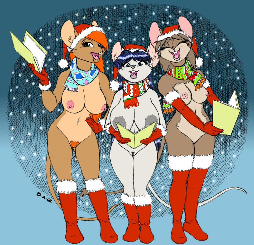 2016 anthro areola armwear barely_visible_genitalia big_breasts black_hair blue_eyes boots breast_size_difference breasts brown_hair buckteeth christmas clitoris clothing david_a_cantero elbow_gloves erect_nipples eyes_closed faith_(daq) female folder footwear fur gloves green_eyes group hair hand_on_hip hat hi_res holding_object holidays inner_ear_fluff legwear looking_at_viewer mammal mouse multicolored_fur nipples nude open_mouth pubes pussy red_hair rodent santa_hat scarf shortstack simple_background singing size_difference snow snowing standing subtle_pussy teeth thigh_highs two_tone_fur