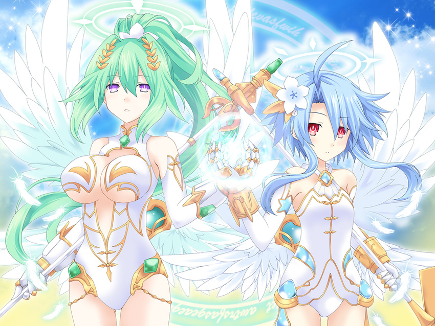 bare_shoulders blue_hair breasts cleavage cleavage_cutout cloud cloudy_sky commentary_request cowboy_shot day elbow_gloves energy_ball feathered_wings flower four_goddesses_online:_cyber_dimension_neptune gloves green_hair green_heart hair_flower hair_ornament halo holding holding_wand kagura_ittou large_breasts leotard long_hair looking_at_viewer magic_circle multiple_girls multiple_wings neptune_(series) open_mouth ponytail power_symbol purple_eyes red_eyes short_hair_with_long_locks sky small_breasts symbol-shaped_pupils very_long_hair wand white_heart white_leotard wings