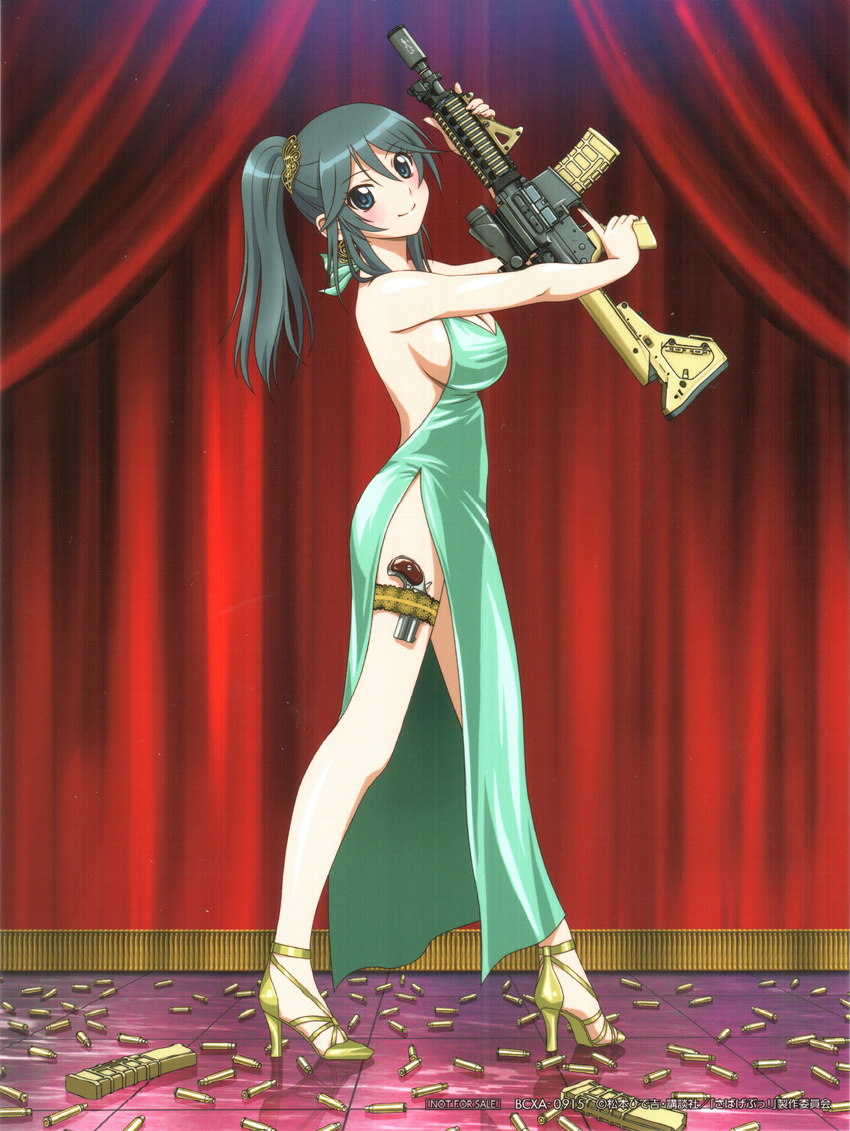 absurdres artist_request black_hair blue_eyes blush breasts dress gun handgun high_heels highres huge_filesize kyoudou_maya large_breasts looking_at_viewer no_bra no_panties pistol ponytail rifle sabagebu! sideboob smile solo source_request weapon